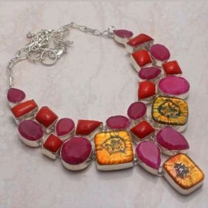 New Amazing Oversized Dichoric Glass, Ruby and Coral Silver Statement Necklace.